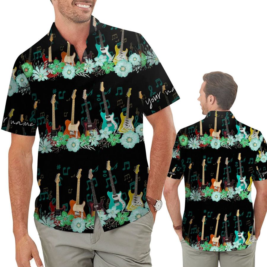 Types Of Guitars Music Tropical Floral Custom Name Men Button Up Aloha Hawaiian Shirt Personalized Gifts For Guitarist