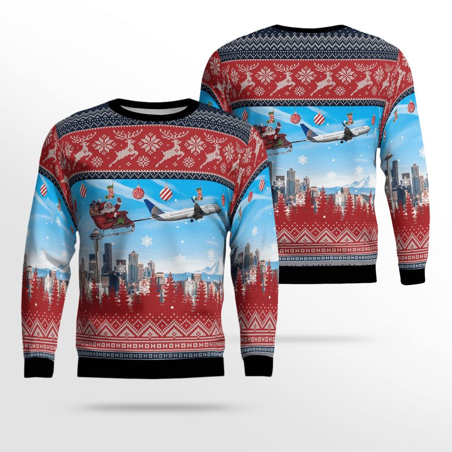 United Airlines Boeing 737-824 With Santa Over Seattle Christmas Ugly Sweater