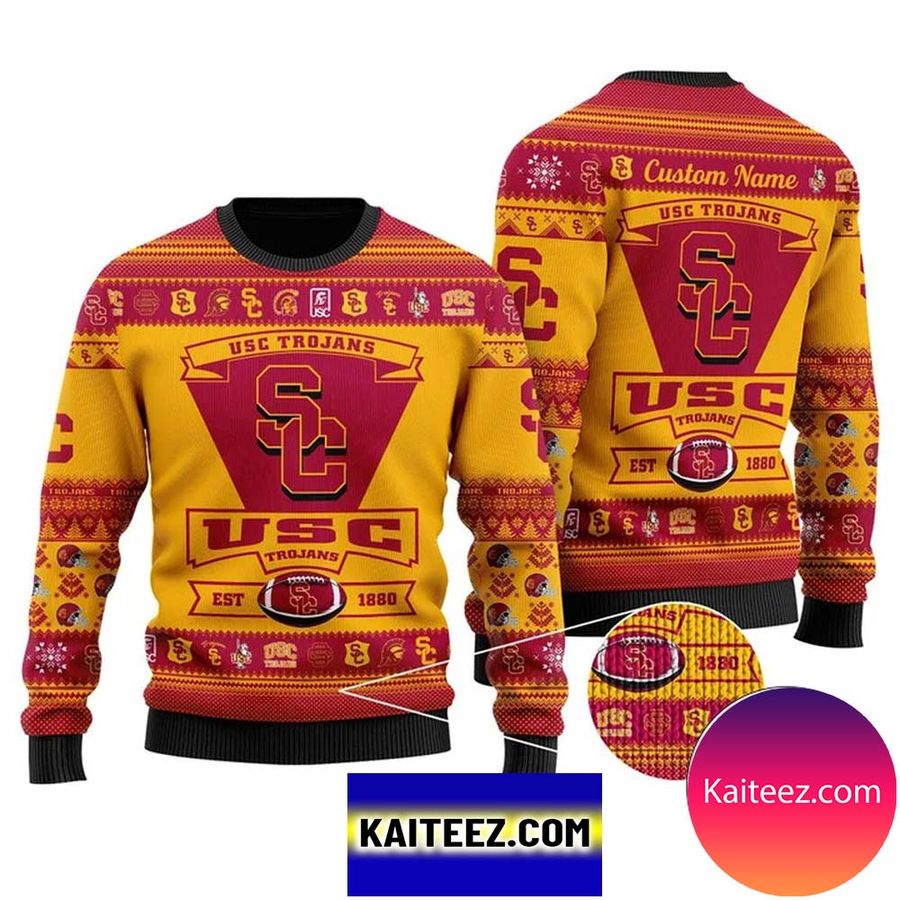 Usc Trojans Football Team Logo Custom Name Personalized Christmas Ugly Sweater
