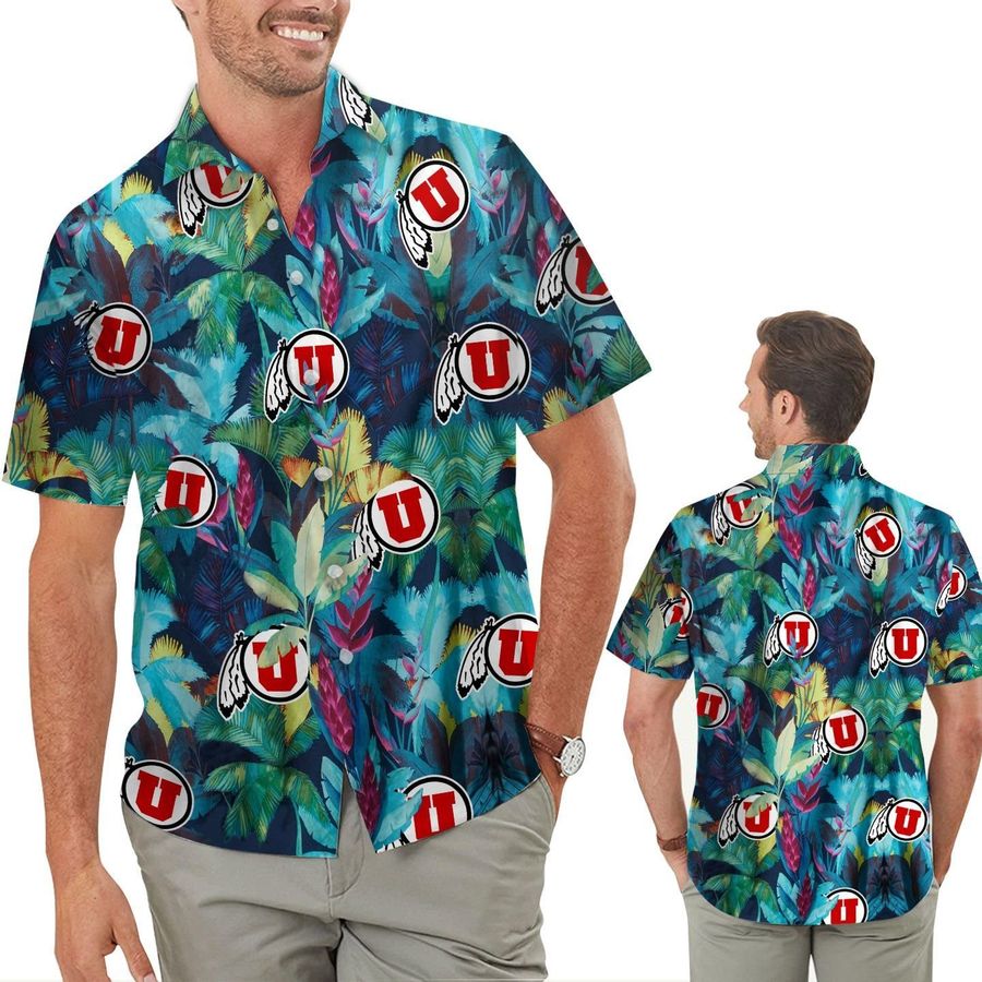 Utah Utes Floral Tropical Men Women Short Sleeve Button Up Tropical Aloha Hawaiian Shirts For Men Women