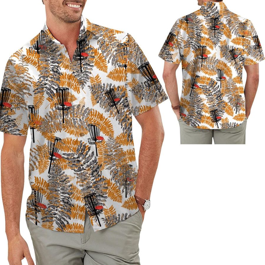 Vintage Retro Style Disc Golf Men Aloha Hawaiian Button Up Shirt For Sport Lovers At Beach On Summer Vacation Or Picnic Days
