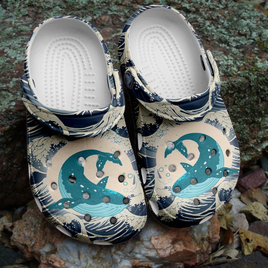 Waves Whale Graphic In The Ocean Gift For Lover Rubber Crocs Crocband Clogs, Comfy Footwear