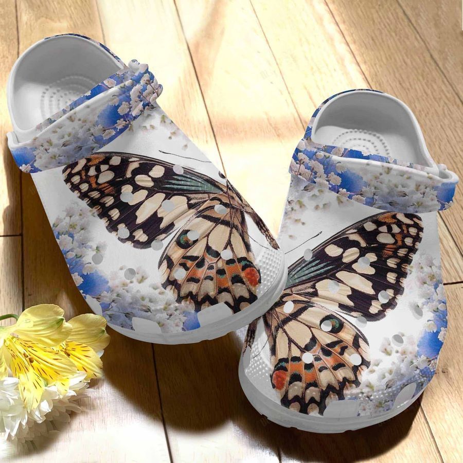White Flower And Butterfly Clogs Crocs Shoes Gifts For Women Girls - Wf-Butterfly148