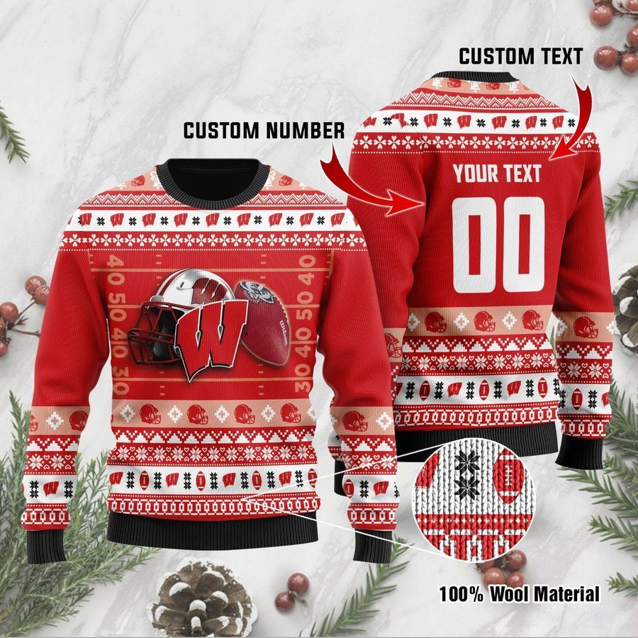 Wisconsin Badgers Custom Name  Number Personalized Ugly Christmas Sweater