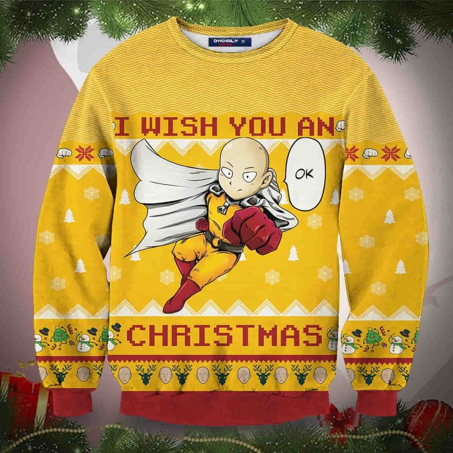 Wish You Ok Christmas Wool Knitted Ugly Sweater One Punch Man Ugly Sweater