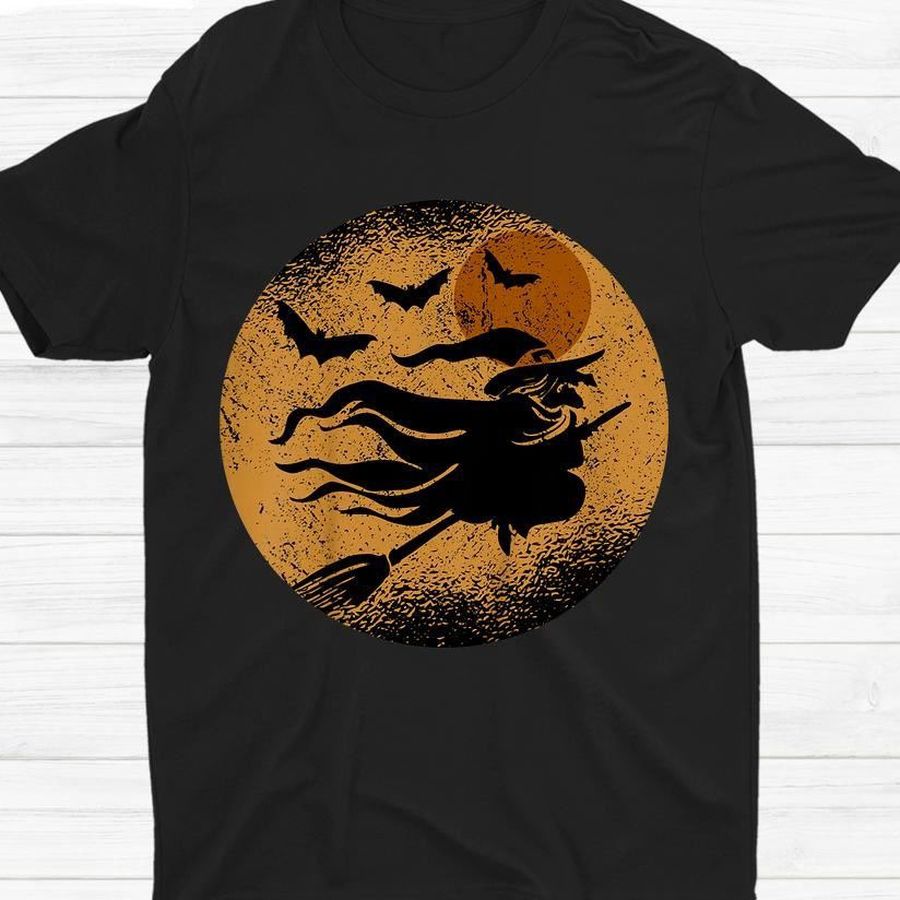 Witch Riding Broom In Front Of Moon Halloween Shirt