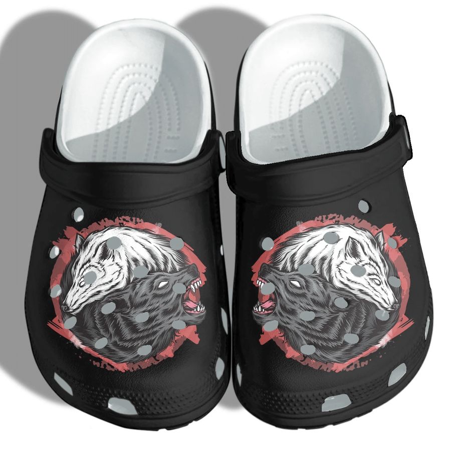Wolf Couple Shoes Crocs Camping - Black White Wolf Yin Yang Croc Shoes Gifts For Husband Wife Family