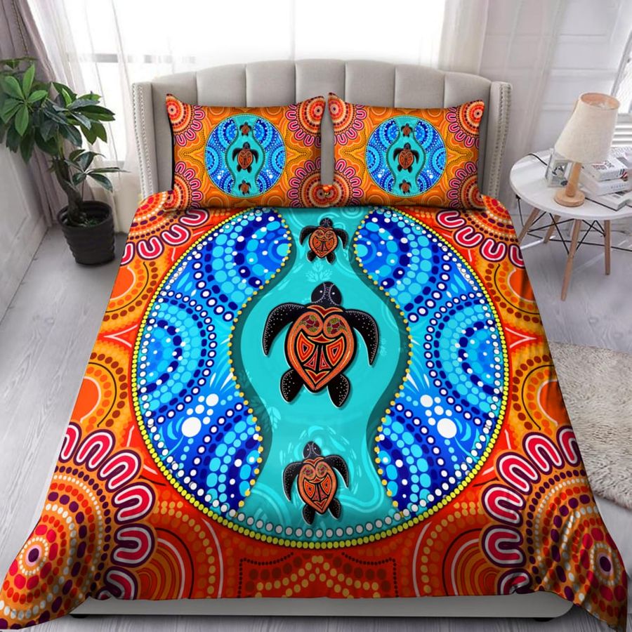 Aboriginal Indigenous Animal Dreamtime Turtle Orange & Green Color Bedding Set Duvet Cover Set