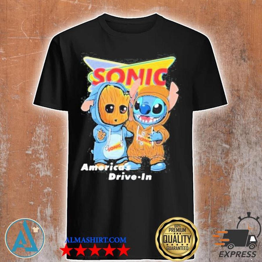 Americas drive in sonic logo baby groot and baby stitch new 2021 shirt