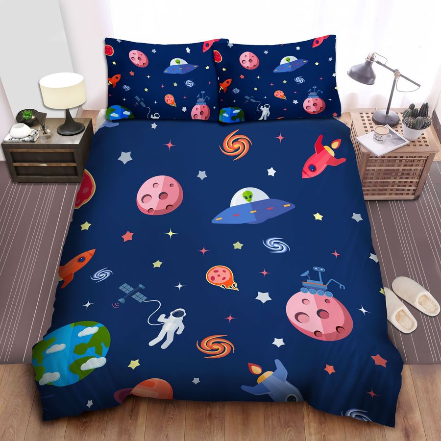 Astronaut &Amp Alien In Universe Cartoon Illustration Bed Sheets Spread Comforter Duvet Cover Bedding Sets