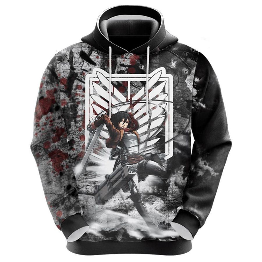 Attack On Titan Hoodie Eren Yeager And Mikasa Survey Corps Symbol Black Hoodie Adult Anime Hoodie Full Print
