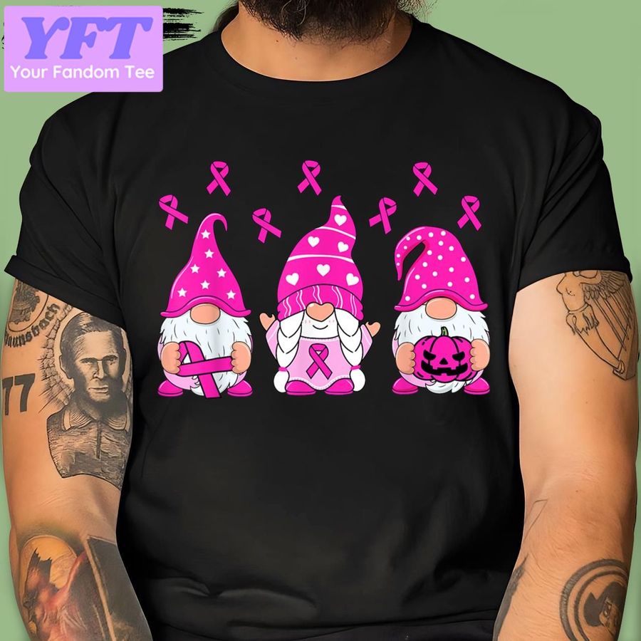 Awareness Gnome Pumpkin Pink Ribbon Women Kids Breast Cancer New Design T Shirt