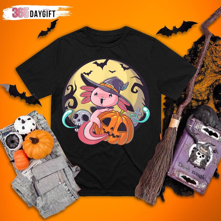 Axolotl Halloween Gifts, Axolotl Witch On Pumpkin Halloween T-Shirt