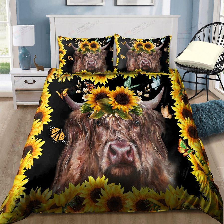 Beautiful Highland Cow And Sunflowers Bed Sheets Spread Comforter Duvet Cover Bedding Sets