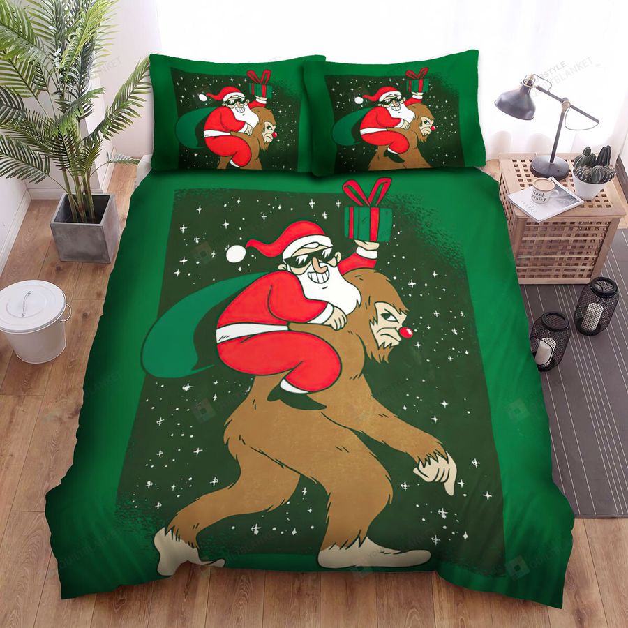 Bigfoot Carrying Santa Clause Illustration Bed Sheets Spread Duvet Cover Bedding Sets
