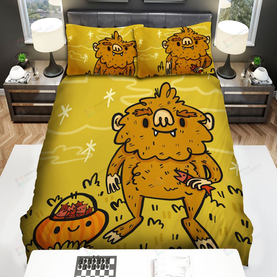 Bigfoot Gets Fish For Halloween Illustration Bed Sheets Spread Duvet Cover Bedding Sets
