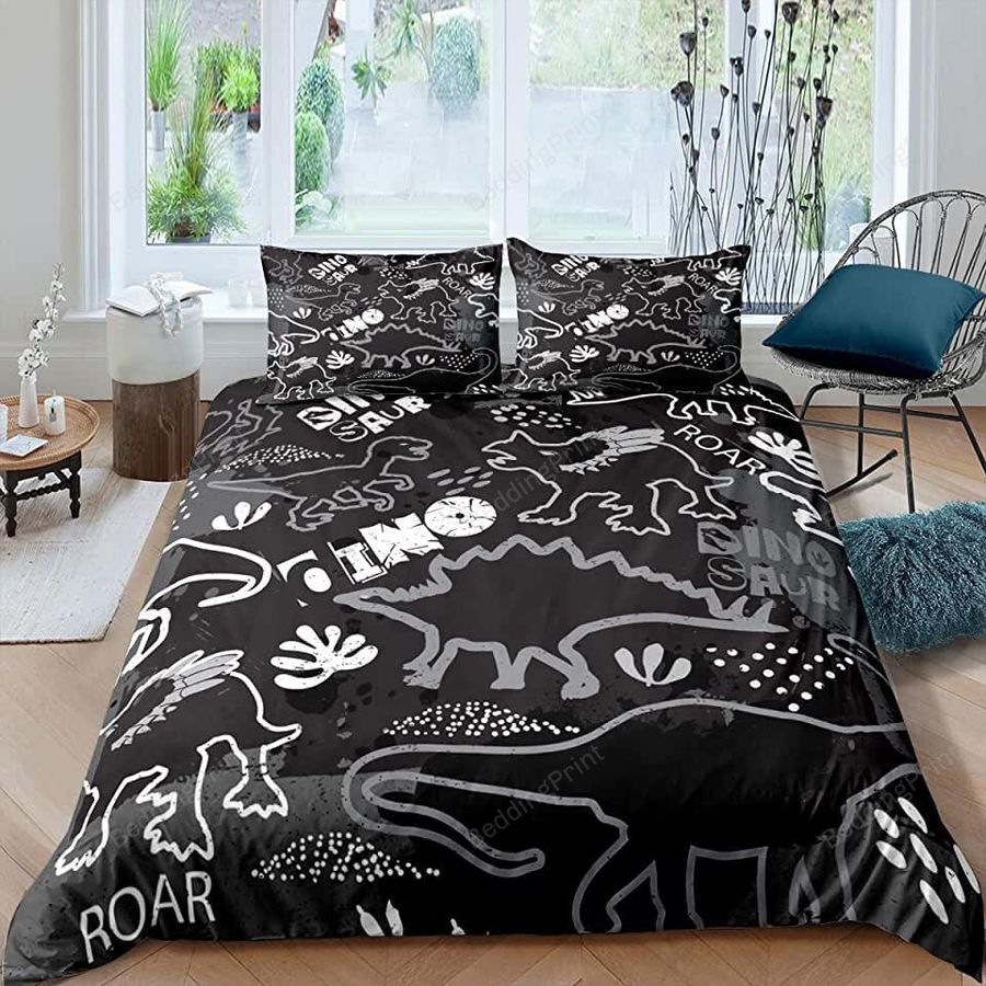 Black And White Dinosaur Pattern Roar Bed Sheets Duvet Cover Bedding Sets