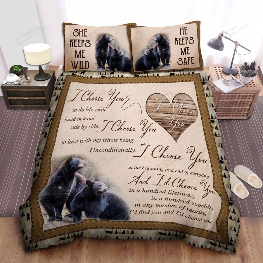Black Bear Couple I Choose You Cotton Bed Sheets Spread Comforter Duvet Cover Bedding Sets