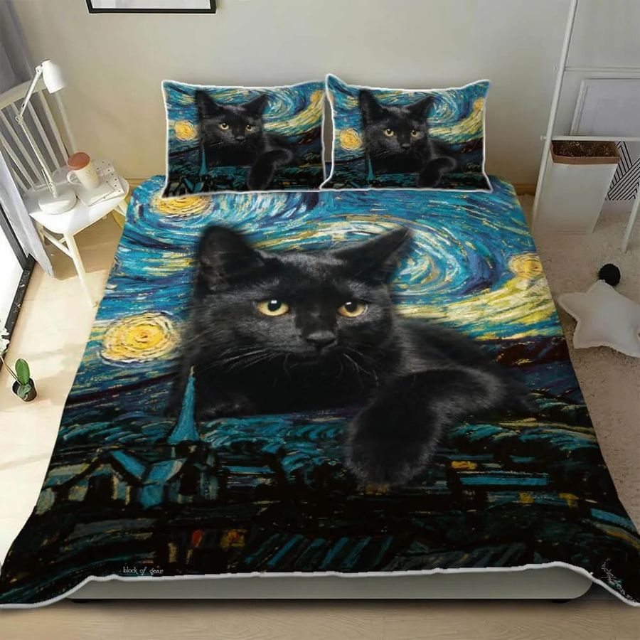 Black Cat Starry Night Quilt Bedding Set