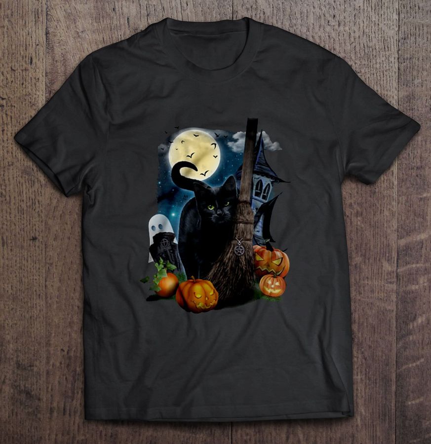 Black Cat Witch’s Broom Pumpkin Halloween TShirt