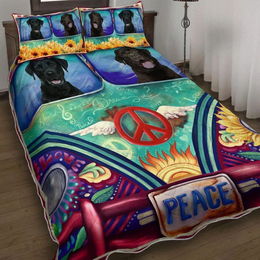 Black Labrador Hippie Peace Bus Quilt Bedding Set