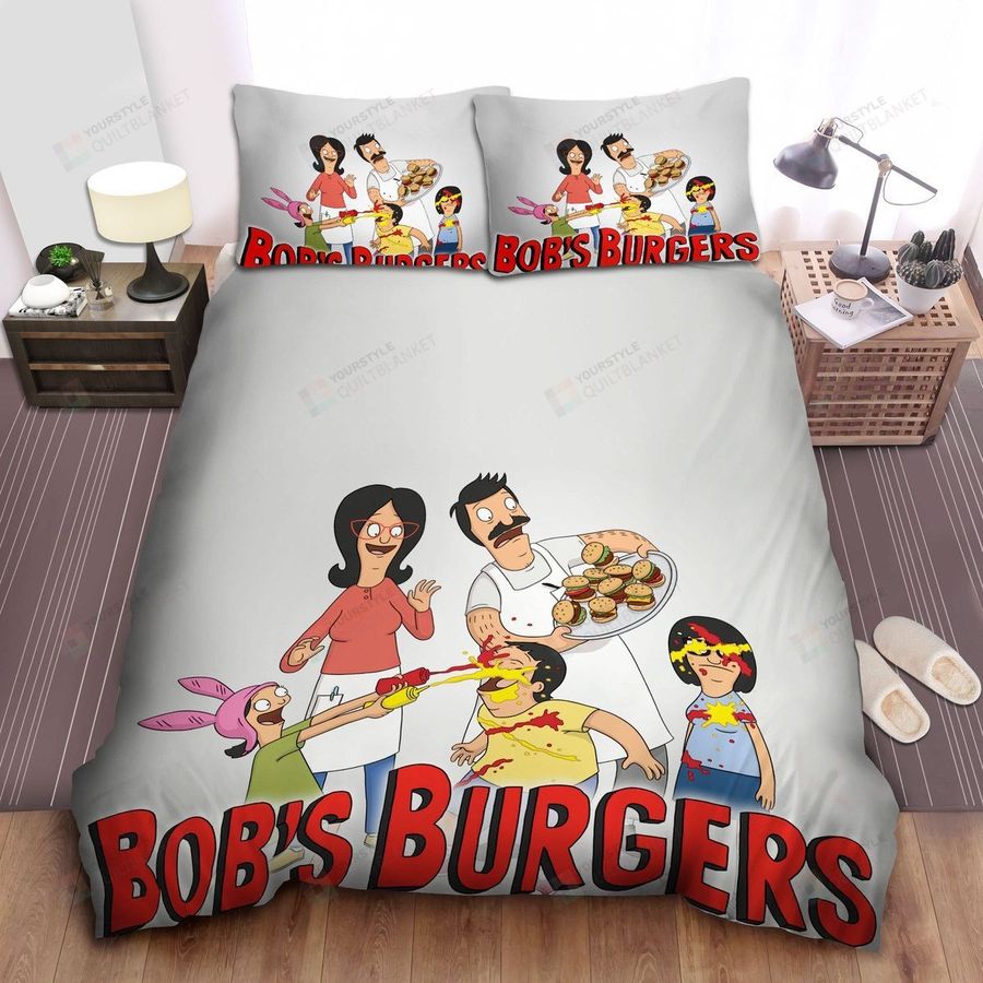 Bob's Burgers The Belchers Kids In Ketchup And Mustard Sauce Fight Bed Sheets Spread Comforter Duvet Cover Bedding Sets