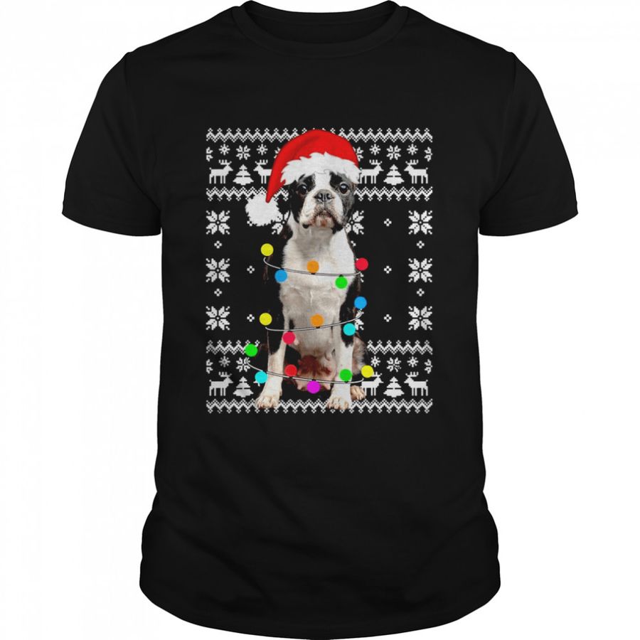 Boston Terrier Lights Ugly Puppy Santa Hat Weihnachten Shirt
