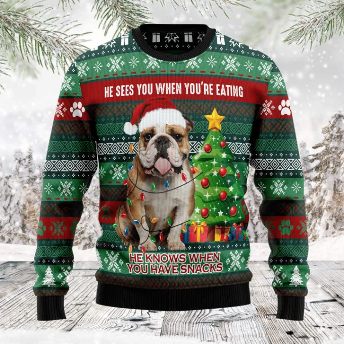 Bulldog Loves Snacks Xmas Womens _ Mens Sweater 3D