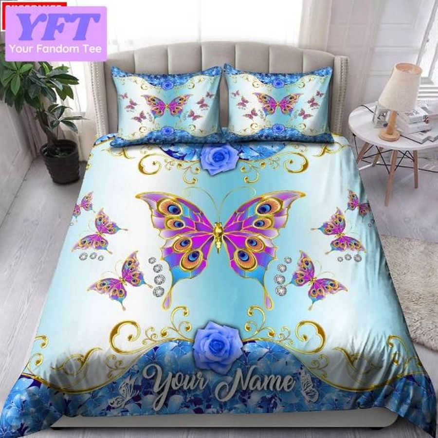 Butterfly Personalized Blue Flower 3D Bedding Set