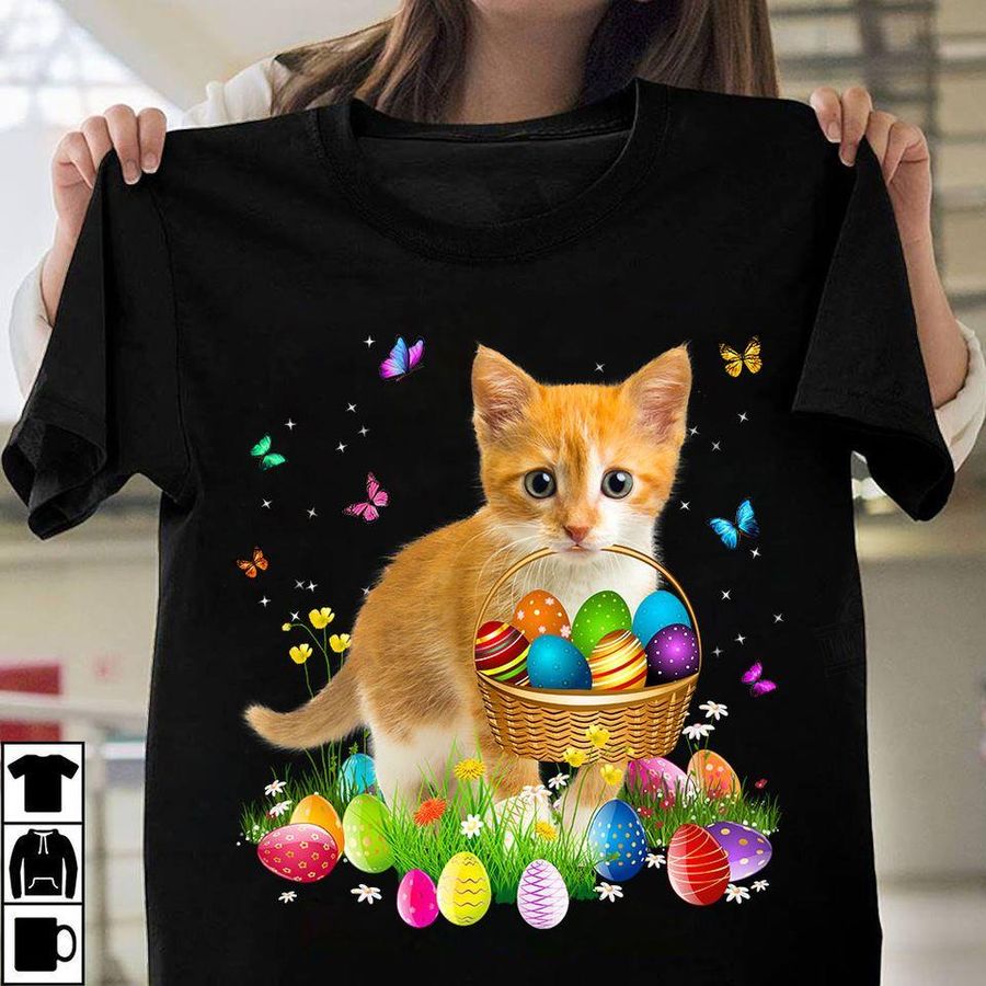 Cat With Collorfull Butterfies and Eggs Shirt