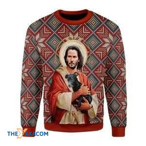 Christmas Patterns God Jesus Keanu Reeves With Dog 3D Sweater