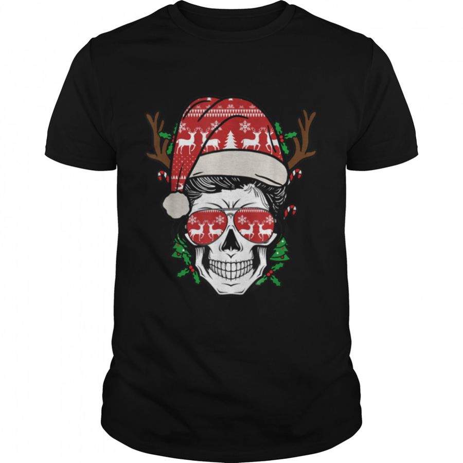 Christmas Skull Messy Bun Reindeer Santa Hat T-Shirt B09K1YXVQW