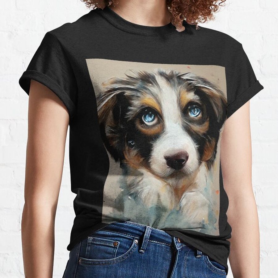 Cute Australian Shepherd Puppy with Blue Eyes Portrait Classic T-Shirt