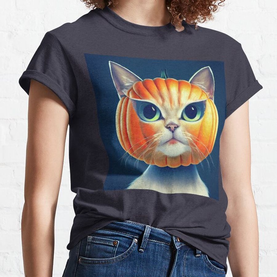 Cute funny Halloween cat with a spooky pumpkin head Classic T-Shirt