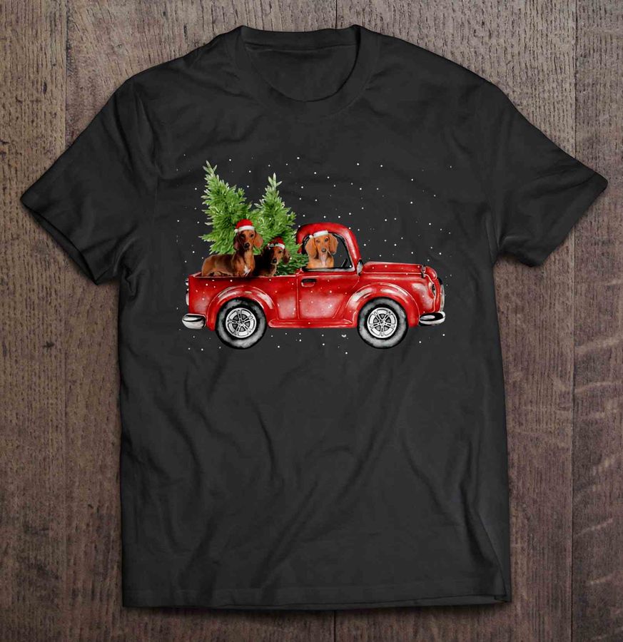 Dachshund Riding Red Car With Christmas Tree Tshirt