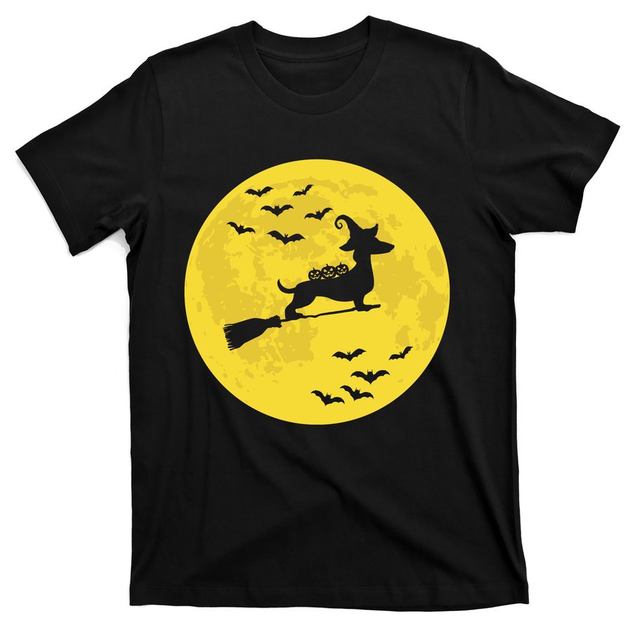 Dachshund Witch In Moon Funny Halloween T-Shirts
