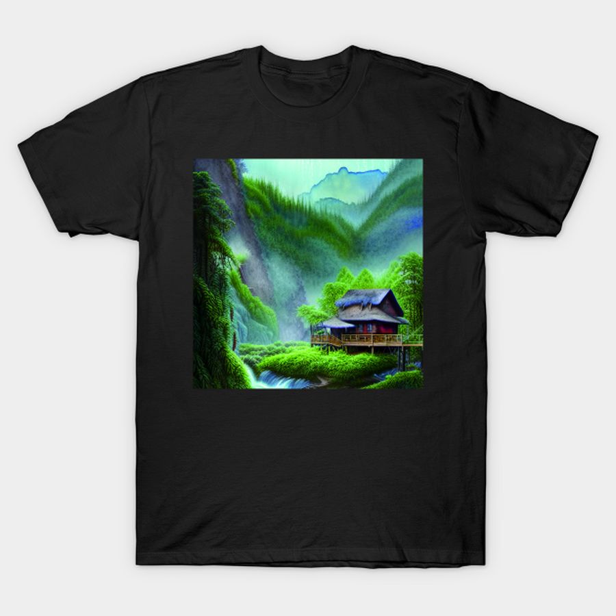 Digital Painting Of A Beautiful Blue Cottage Treehouse Near River And Greenery Mountains T Shirt, Hoodie, Sweatshirt, Long Sleeve