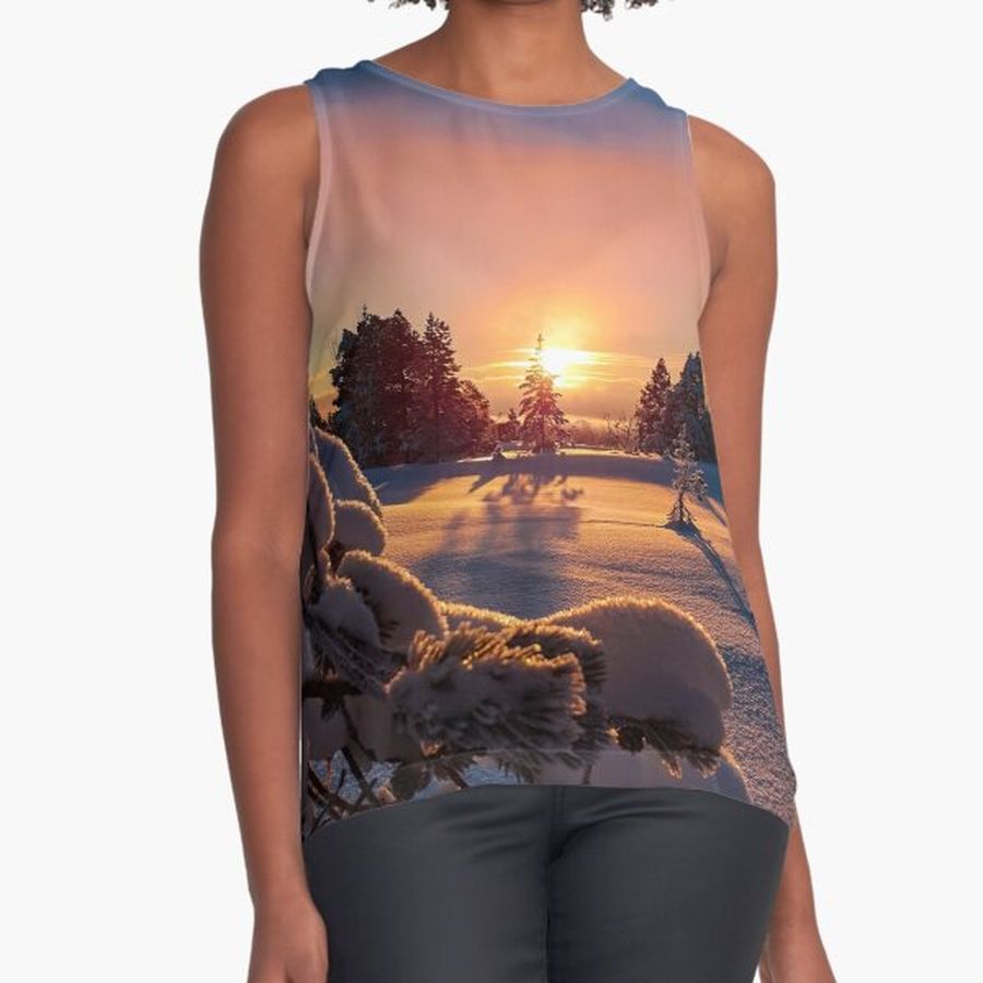 Field covered with snow during sun rise Sleeveless Top