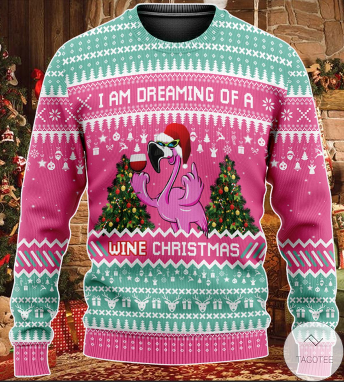 Flamingo i'm Dreaming Of A Wine Christmas Ugly Sweater