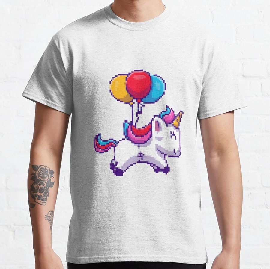 Flying Happy Unicorn Tied to Baloons Pixel Art Classic T-Shirt