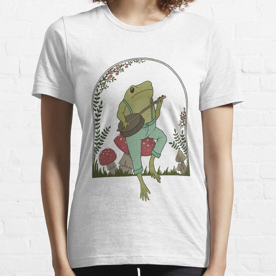 Frog Playing Banjo on Mushroom Cute Vintage Essential T-Shirt