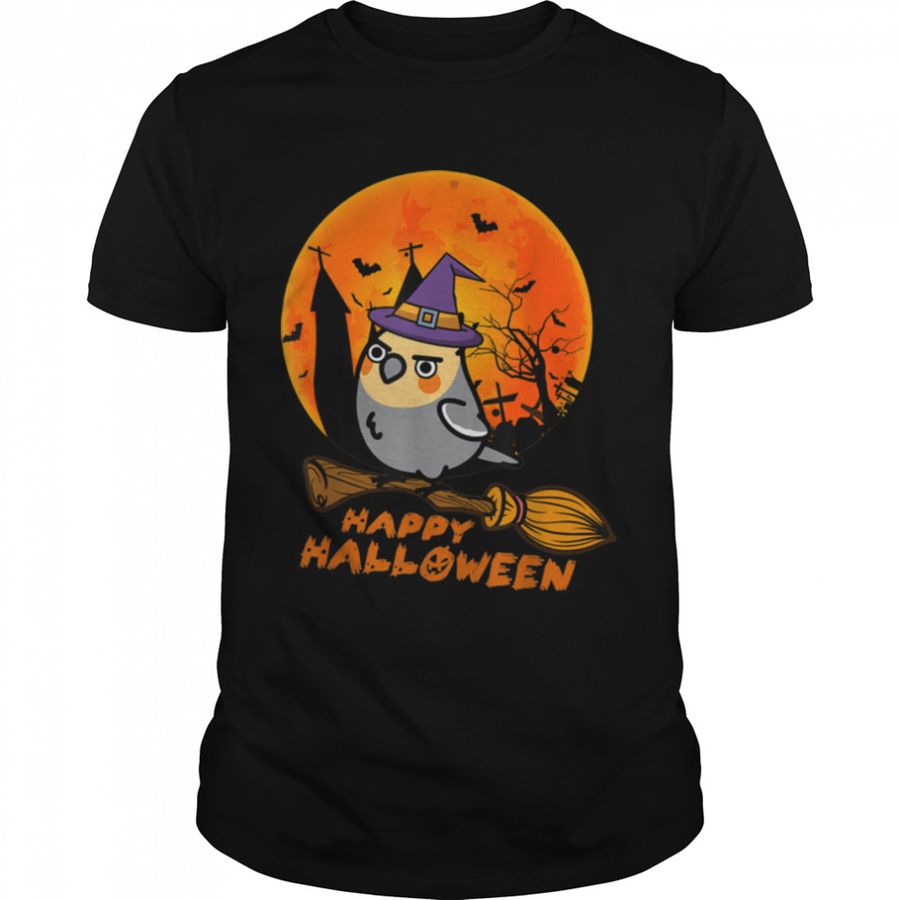 Funny Cockatiel Witch Broomstick Spooky Cute Bird Halloween T Shirt B0BJ7BR6V1