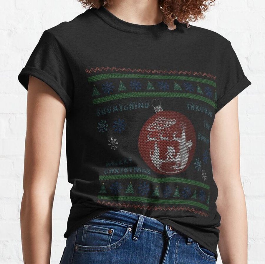 Funny Ugly Christmas Sweater, Squatching Through the Snow Christmas Sweater, Merry Christmas Sweater, Bigfoot, UFO, Aliens Classic T-Shirt