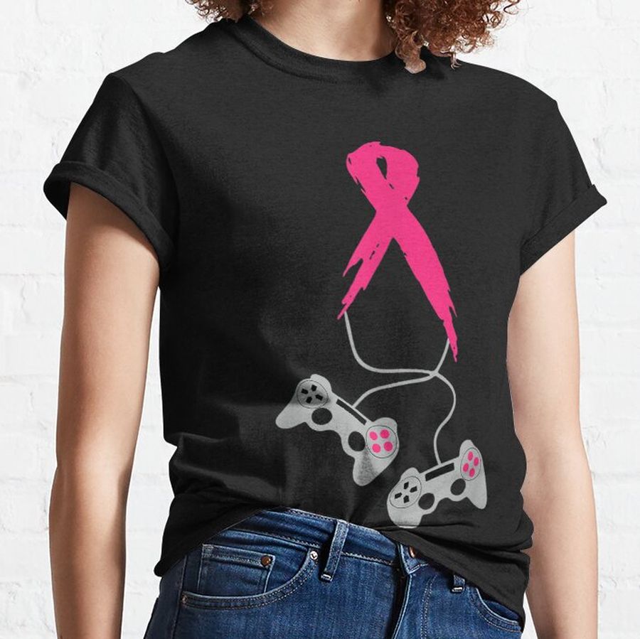 gamer pink ribbon breast cancer awareness video games kids  Classic T-Shirt