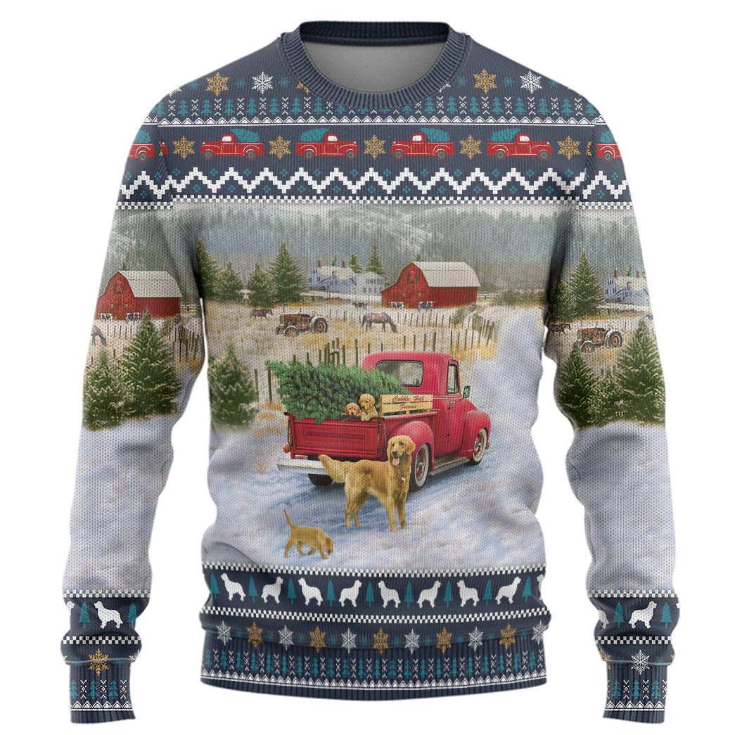 Golden Retriever Red Truck Christmas Pine Ugly Sweater