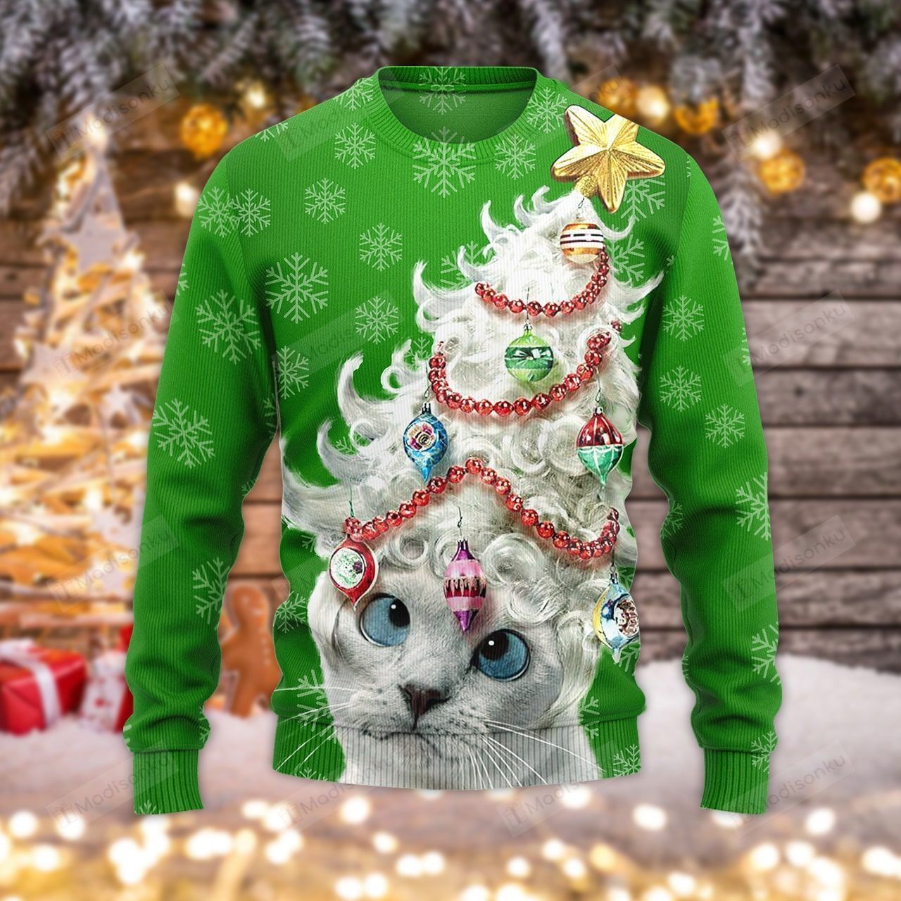 Green Christmas Cat Ugly Christmas Sweater, All Over Print Sweatshirt