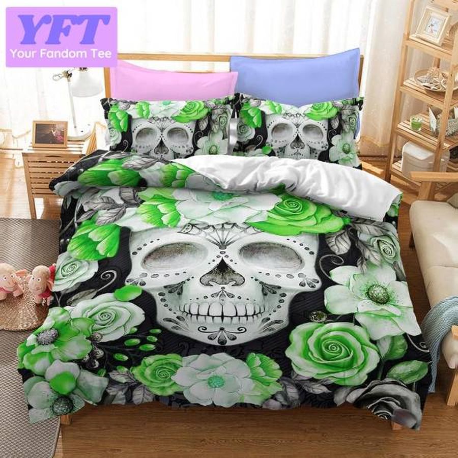 Green Flower Skull 3D Bedding Set