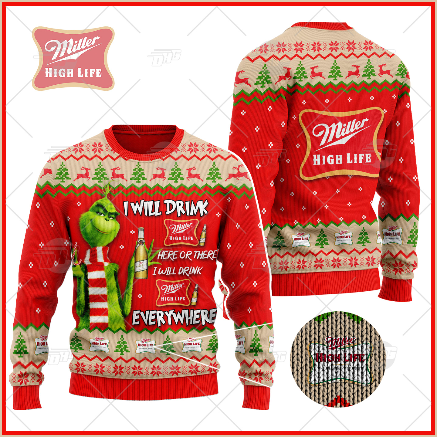 Grinch I Will Drink Here Or There I Will Drink Everywhere Miller High Life Beer Ugly Sweater