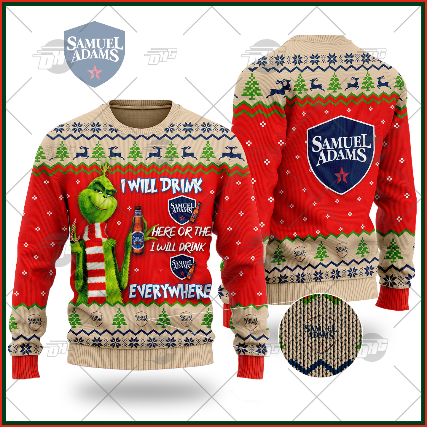 Grinch I Will Drink Here Or There I Will Drink Everywhere Samuel Adams Beer Ugly Sweater