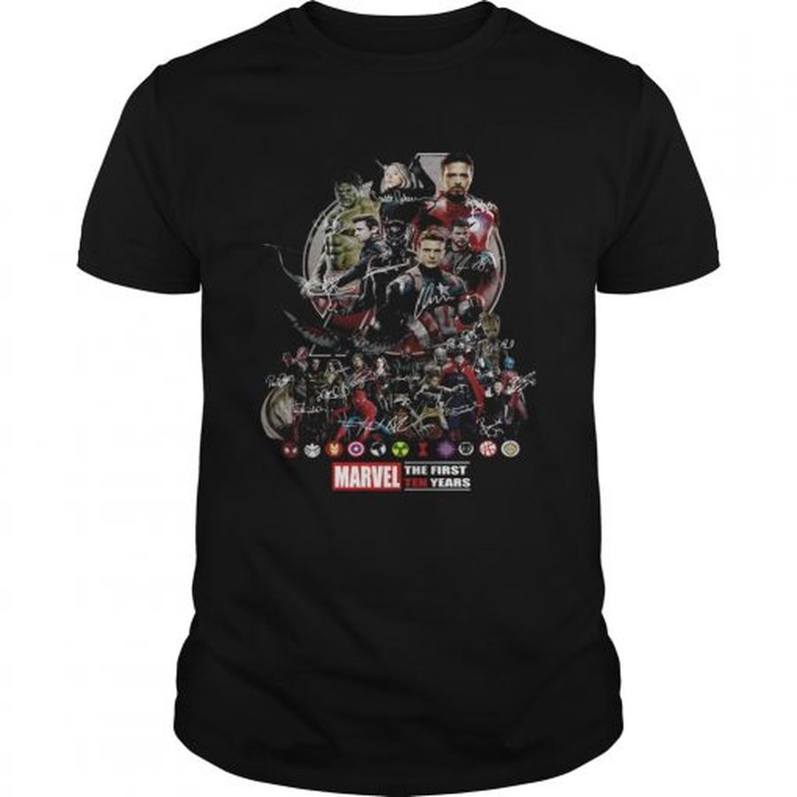 Guys Marvel the first ten years all characters signature Avengers shirt